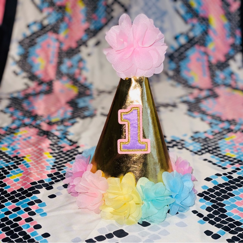 Birthday Rainbow Gold Cone Hat - Shiny Birthday Hat, 1st Birthday Rainbow Hat